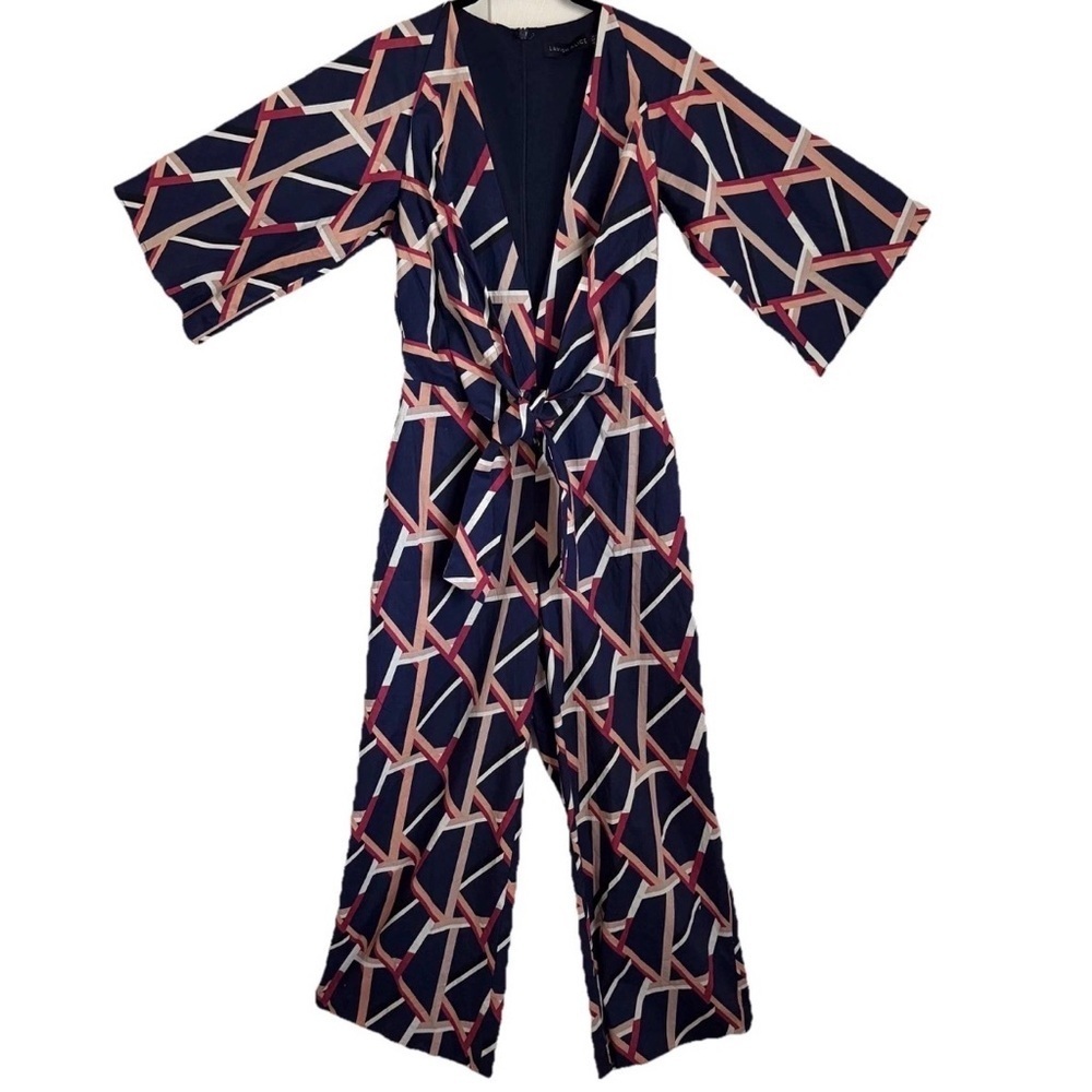 Lavish Alice Jumpsuit Womens 4 Multicolor Geometric V Neck Tie Waist Wide Leg